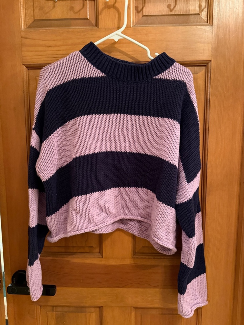 aerie Pink and Navy Wide-Stripe Cropped Crew Sweater
